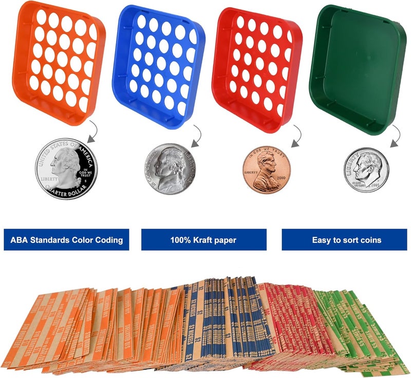 Essential Coin Sorters Tray, 4 Color-Coded Coin Sorting Tray with 160 Assorted Coin Roll Wrappers - Image 3
